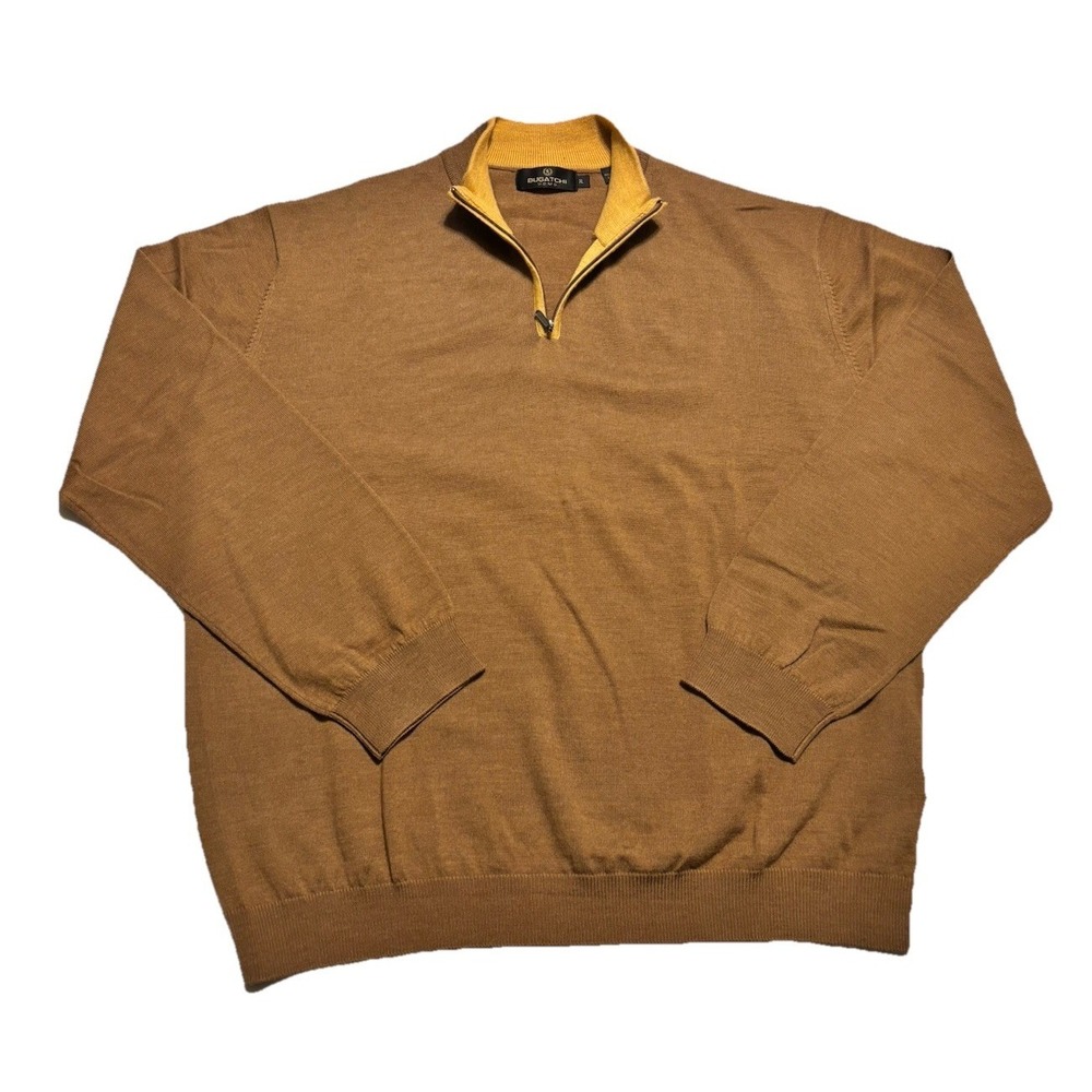 Bugatchi Uomo Men's 100% Merino Wool Brown Quarter Zip Mock Neck Sweater XL